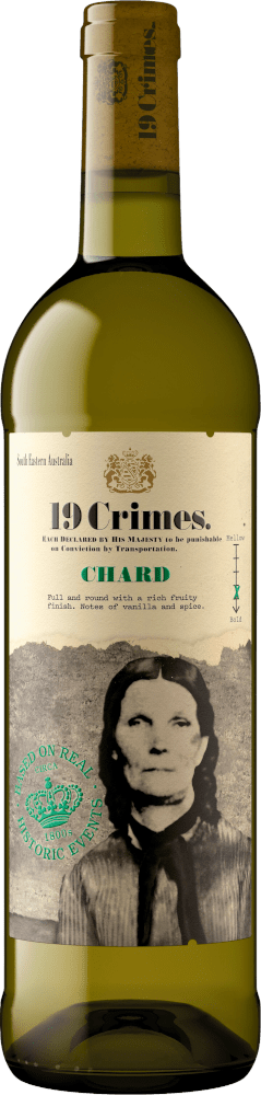 Eine Flasche 19 Crimes Chardonnay aus Südostaustralien. Das Etikett zeigt ein monochromes Frauenbild und einen Text mit detaillierten Angaben zum Wein. Der Flaschenhals ist mit einem Korken versehen, und am Boden befindet sich ein grünes Stempelmuster.