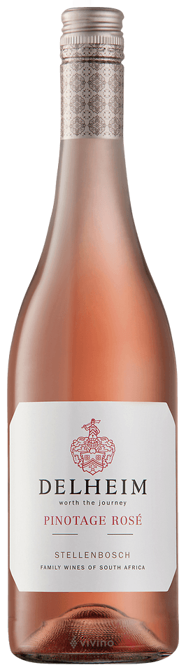 Eine Flasche Delheim Pinotage Rosé. Das Etikett zeigt ein Wappen und den Text „Die Reise wert“. Darunter steht „Stellenbosch“, was auf die südafrikanische Herkunft hinweist. Der Wein hat einen hellrosa Farbton.