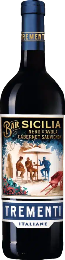 Trementi Nero'd Avola Eine Flasche 19 Crimes Chardonnay aus Südostaustralien. Das Etikett zeigt ein monochromes Frauenbild und einen Text mit detaillierten Angaben zum Wein. Der Flaschenhals ist mit einem Korken versehen, und am Boden befindet sich ein grünes Stempelmuster.